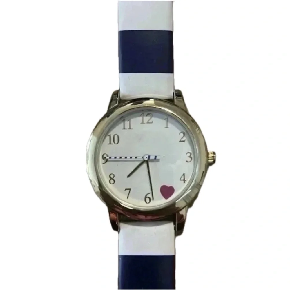 🕰️ Calvin Hill Navy & White Striped Watch – Gold Tone – Heart Detail